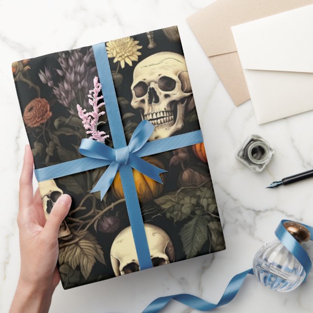Halloween Botanical Skulls and Pumpkins Wrapping Paper (Gifting)