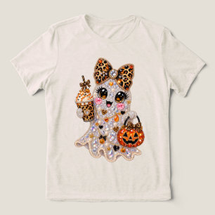 Halloween Boujee Ghost Rhinestone Leopard Bling Tri-Blend Shirt