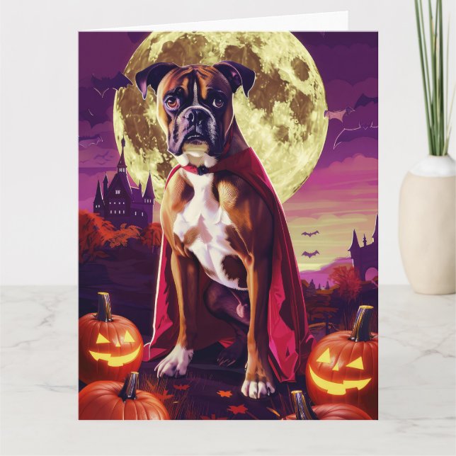 Halloween Boxer Dog Vampire Pumpkins Scary Card (Front)