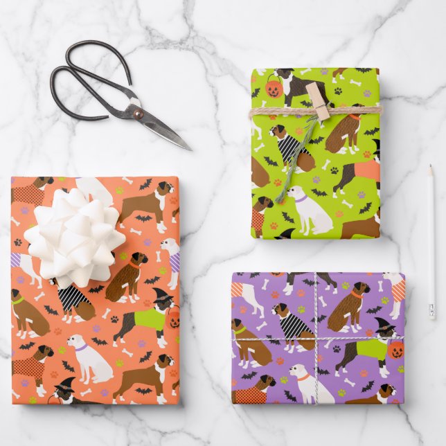Halloween Boxer Dog Wrapping Paper Sheets (Front)