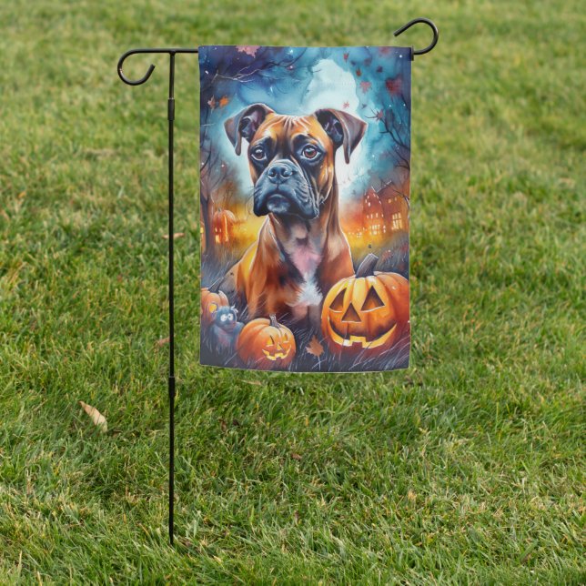 Halloween Boxer With Pumpkins Scary Garden Flag (In SItu)