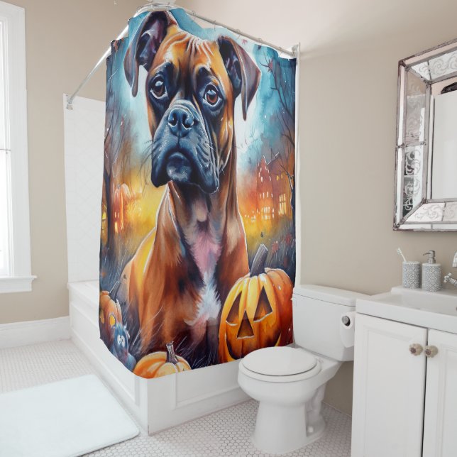 Halloween Boxer With Pumpkins Scary Shower Curtain (In Situ)