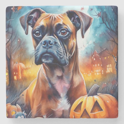 Halloween Boxer With Pumpkins Scary Stone Coaster