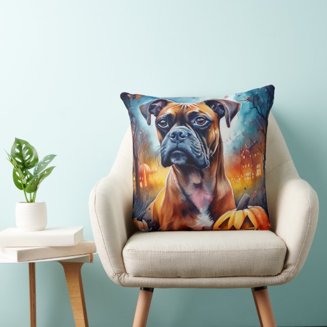 Halloween Boxer With Pumpkins Scary Throw Pillow (Chair)