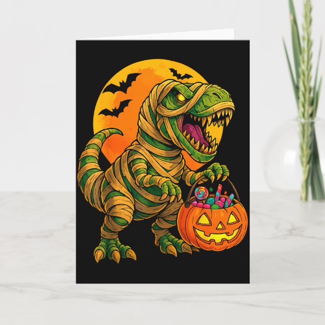 Halloween Boys Dinosaur Mummy T Rex Y Pumpkin Moon Card (Front)