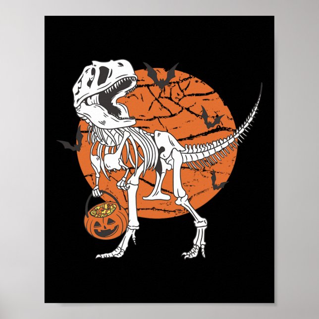 Halloween Boys Dinosaur Skeleton T Rex Scary Pumpk Poster (Front)