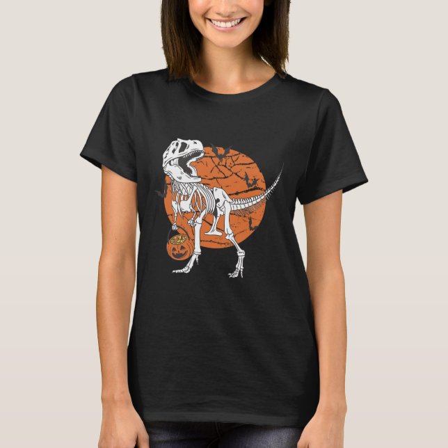 Halloween Boys Dinosaur Skeleton T Rex Scary Pumpk T-Shirt (Front)
