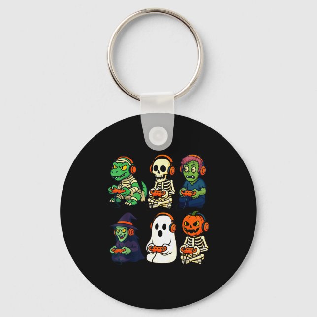 Halloween Boys Kids Gamer Dinosaur Skeleton Ghost  Keychain (Front)
