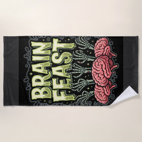 Halloween Brain Feast Zombie Hands Vector Design Beach Towel