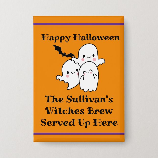 Halloween Brew Booze Personalize Ghost Bat Orange Button (Front)
