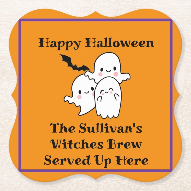 Halloween Brew Booze Personalize Ghost Bat Orange Paper Coaster (Front)