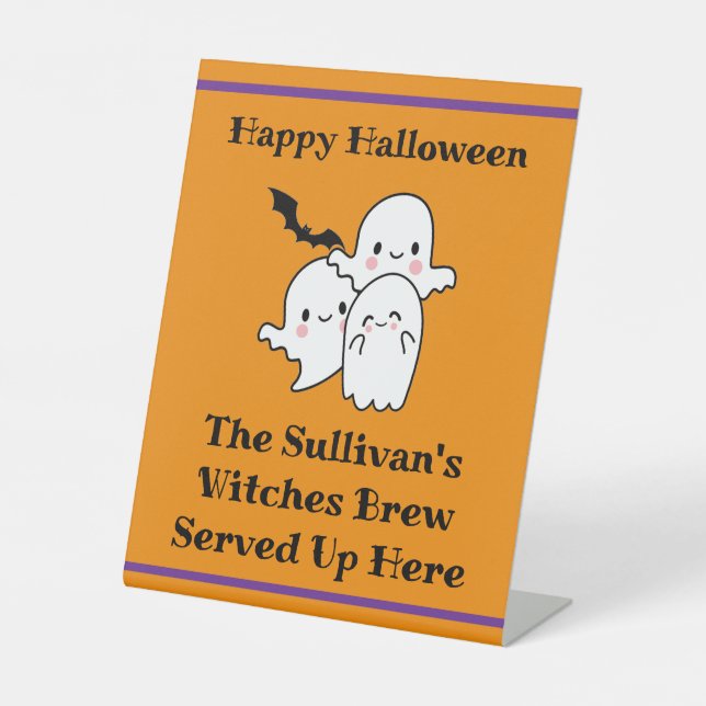Halloween Brew Booze Personalize Ghost Bat Orange Pedestal Sign (Front)