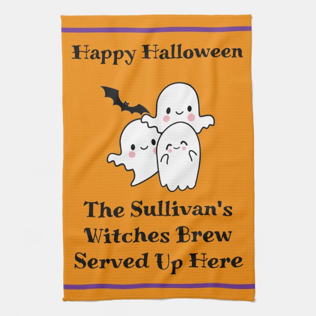 Halloween Brew Fun Ghost Bat Witch Orange Kitchen Towel (Vertical)