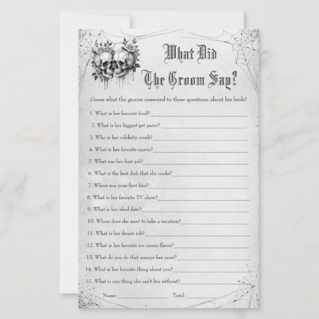 Halloween Bridal Shower What Did He Say Game (Front)