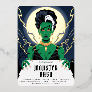 Halloween Bride of Frankenstein Monster Bash Foil Invitation