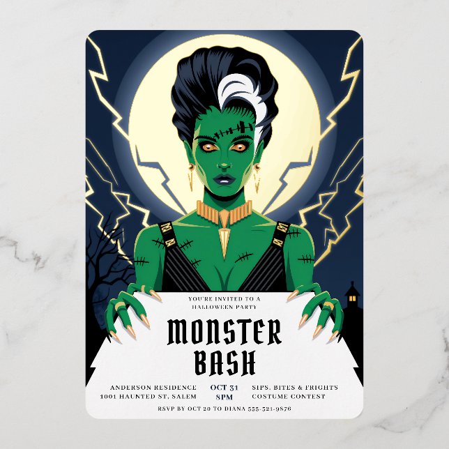 Halloween Bride of Frankenstein Monster Bash Foil Invitation (Front)