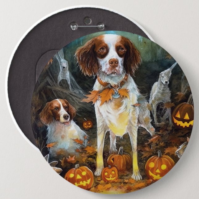 Halloween Brittany Spaniel With Pumpkins Scary Button (Front & Back)