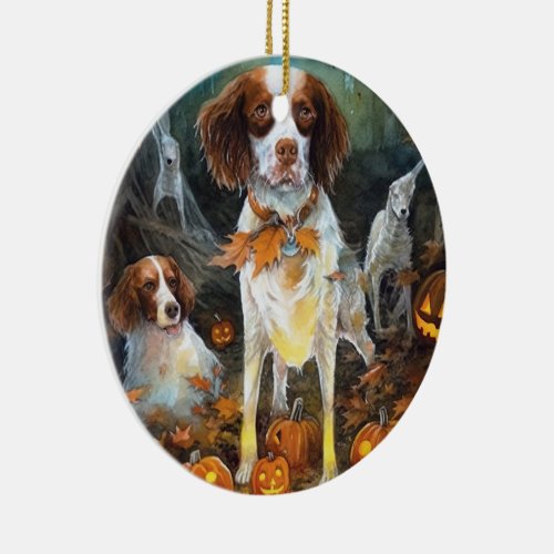 Halloween Brittany Spaniel With Pumpkins Scary Ceramic Ornament