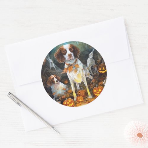 Halloween Brittany Spaniel With Pumpkins Scary Classic Round Sticker