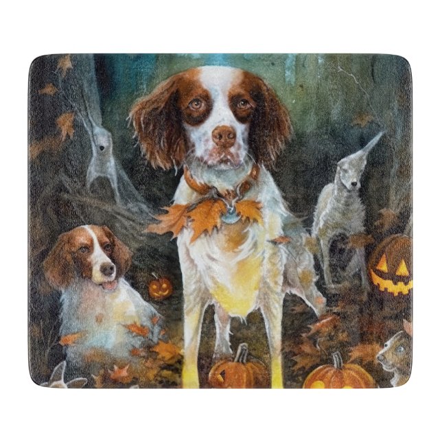 Halloween Brittany Spaniel With Pumpkins Scary Cutting Board (Front)