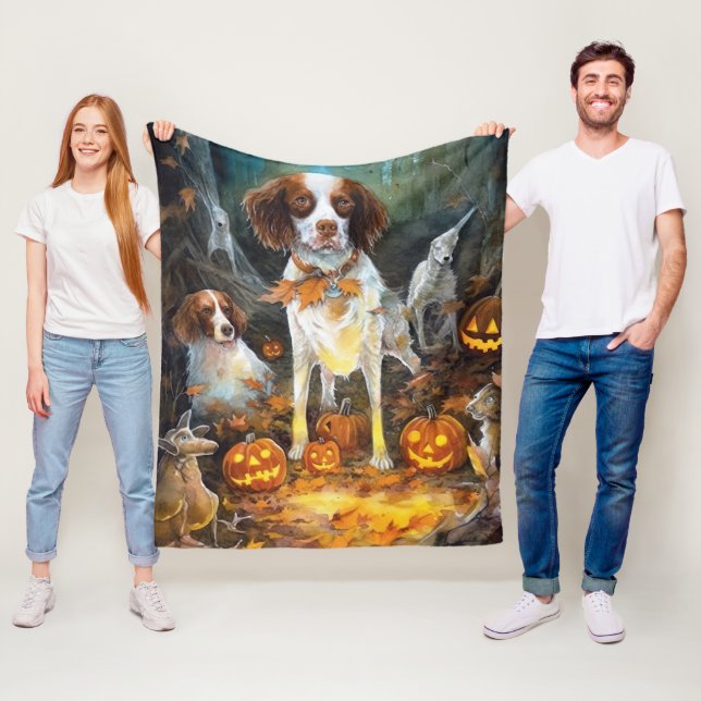 Halloween Brittany Spaniel With Pumpkins Scary Fleece Blanket (In Situ)
