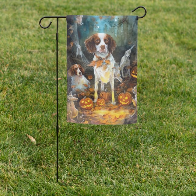 Halloween Brittany Spaniel With Pumpkins Scary Garden Flag (In SItu)
