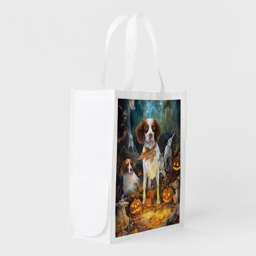 Halloween Brittany Spaniel With Pumpkins Scary Grocery Bag