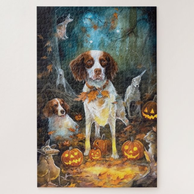Halloween Brittany Spaniel With Pumpkins Scary Jigsaw Puzzle (Vertical)