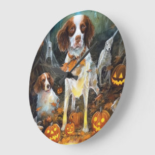 Halloween Brittany Spaniel With Pumpkins Scary Large Clock