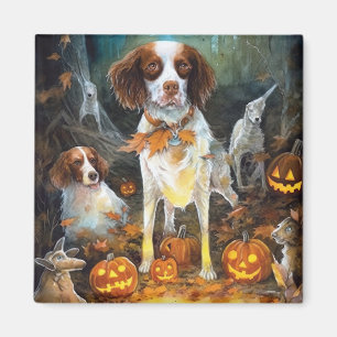 Halloween Brittany Spaniel With Pumpkins Scary Magnet