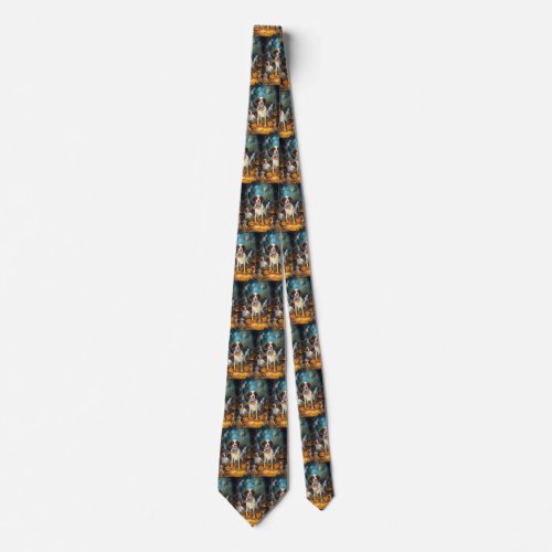 Halloween Brittany Spaniel With Pumpkins Scary Neck Tie