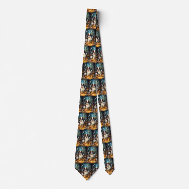 Halloween Brittany Spaniel With Pumpkins Scary Neck Tie (Front)