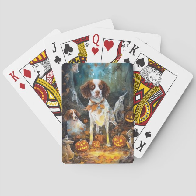 Halloween Brittany Spaniel With Pumpkins Scary Poker Cards (Back)