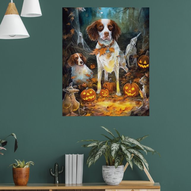 Halloween Brittany Spaniel With Pumpkins Scary Poster (Living Room 1)