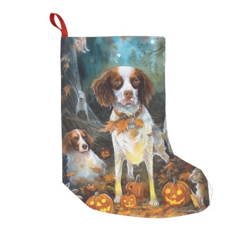 Halloween Brittany Spaniel With Pumpkins Scary Small Christmas Stocking
