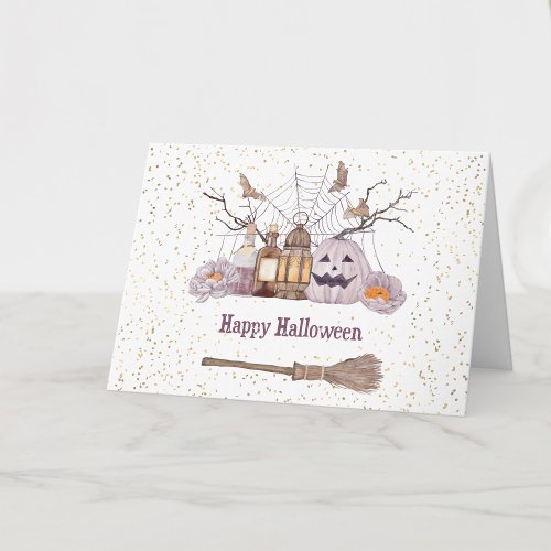 Halloween Broom Pumpkin Spider Web Lantern Card