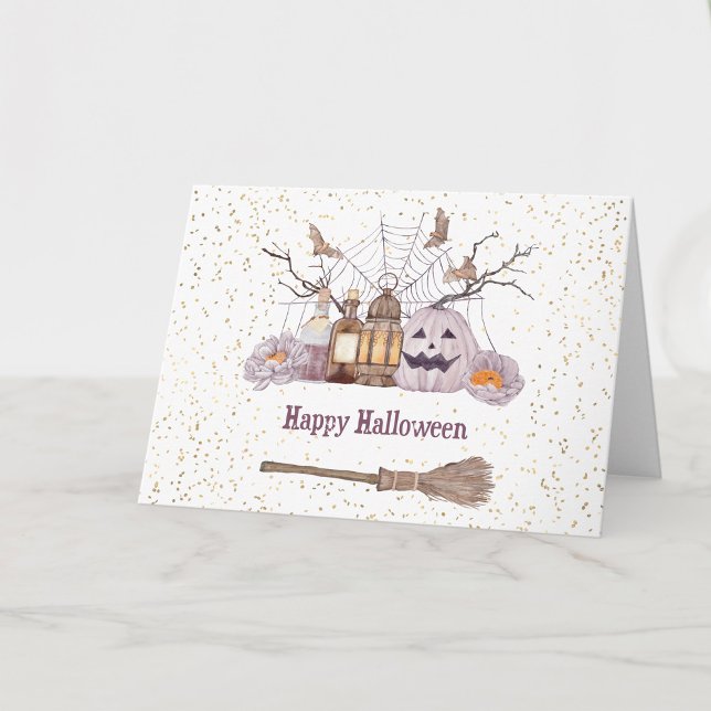 Halloween Broom Pumpkin Spider Web Lantern Card (Creator Uploaded)