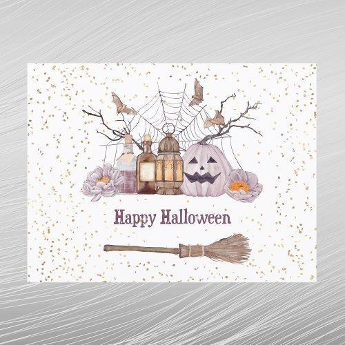 Halloween Broom Pumpkin Spider Web Lantern Holiday Postcard
