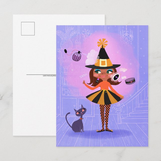 Halloween Brown Hair Witch Lavender & Pink Postcard (Front/Back)