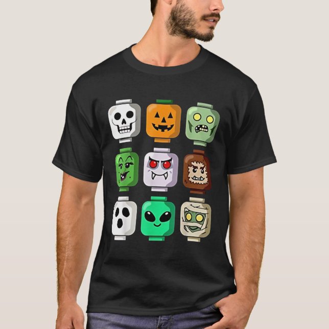 Halloween Building Brick Head Pumpkin Ghost Zombie T-Shirt (Front)