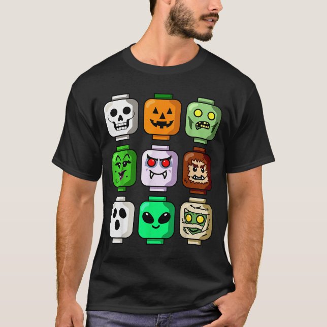 Halloween Building Brick Head Pumpkin Ghost Zombie T-Shirt (Front)