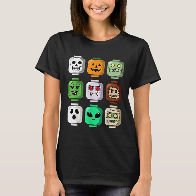 Halloween Building Brick Head Pumpkin Ghost Zombie T-Shirt (Front)
