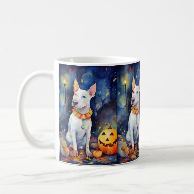 Halloween Bull Terrier With Pumpkins Scary  Coffee Mug (Left)