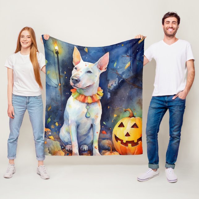 Halloween Bull Terrier With Pumpkins Scary  Fleece Blanket (In Situ)
