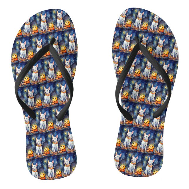 Halloween Bull Terrier With Pumpkins Scary  Flip Flops (Footbed)
