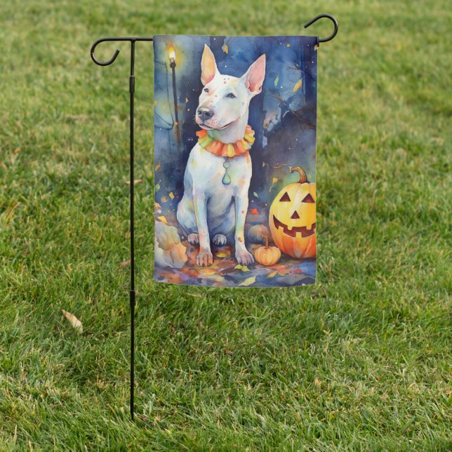 Halloween Bull Terrier With Pumpkins Scary  Garden Flag (In SItu)