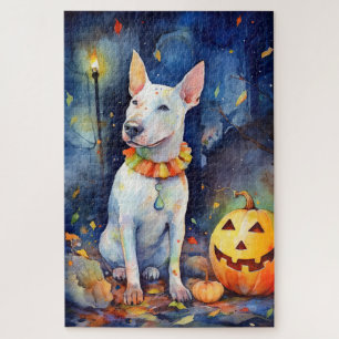 Halloween Bull Terrier With Pumpkins Scary Jigsaw Puzzle