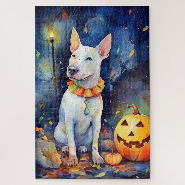 Halloween Bull Terrier With Pumpkins Scary  Jigsaw Puzzle (Vertical)