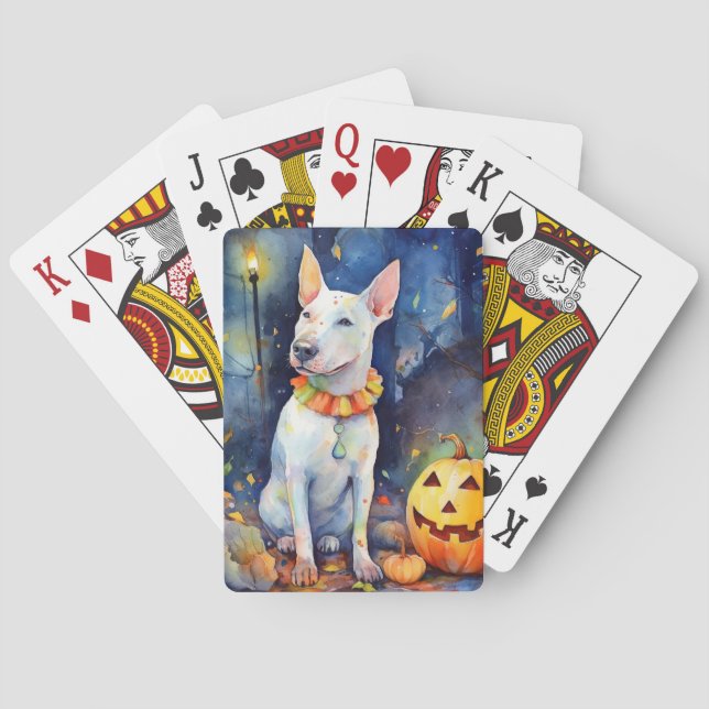 Halloween Bull Terrier With Pumpkins Scary  Poker Cards (Back)