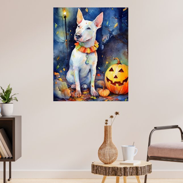Halloween Bull Terrier With Pumpkins Scary  Poster (Living Room 3)